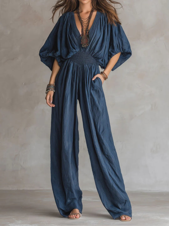 Bohemian Indigo Smocked Waist Jumpsuit