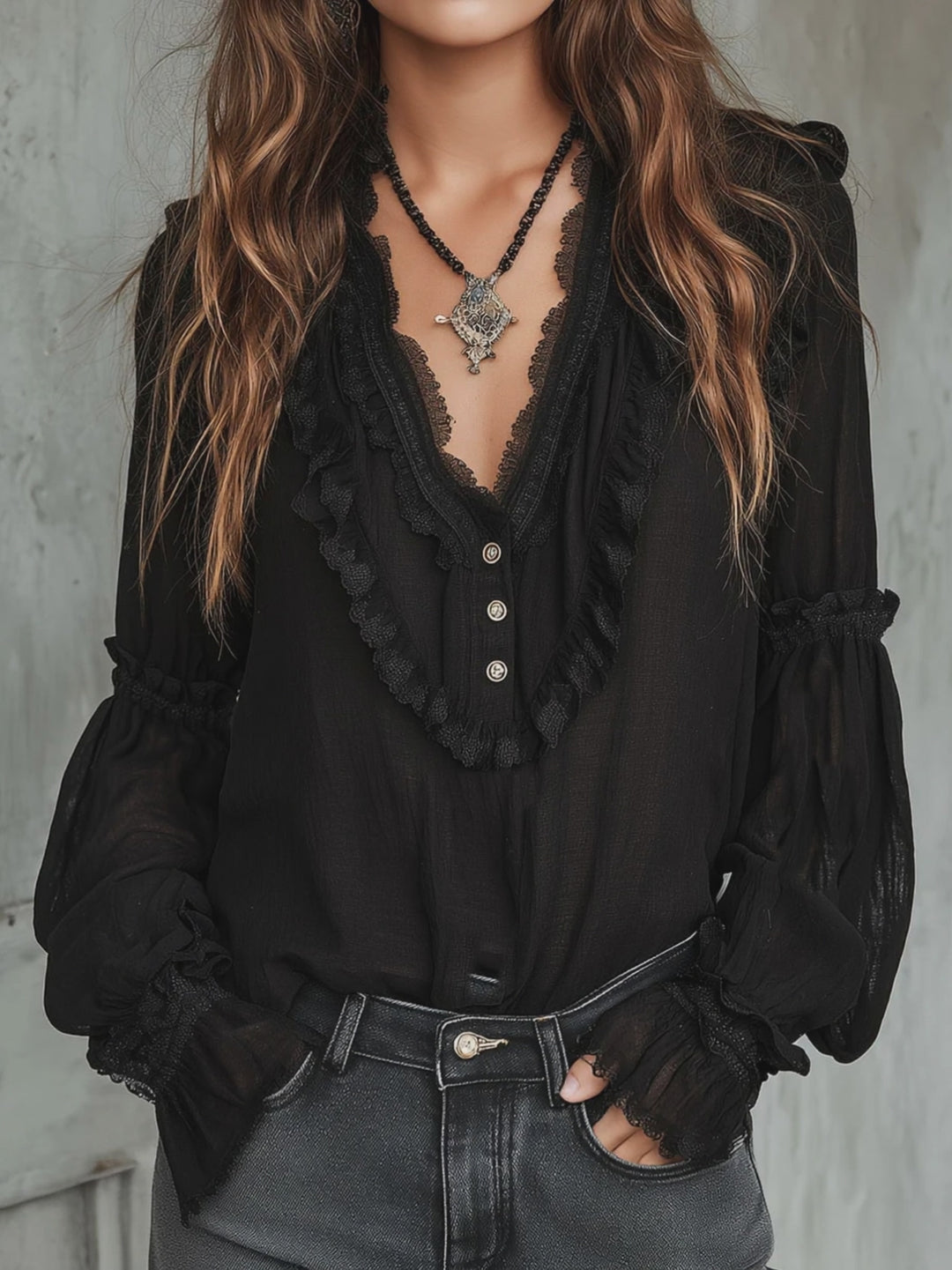 Vintage Black Ruffle Long Sleeve Blouse With Lace Trim