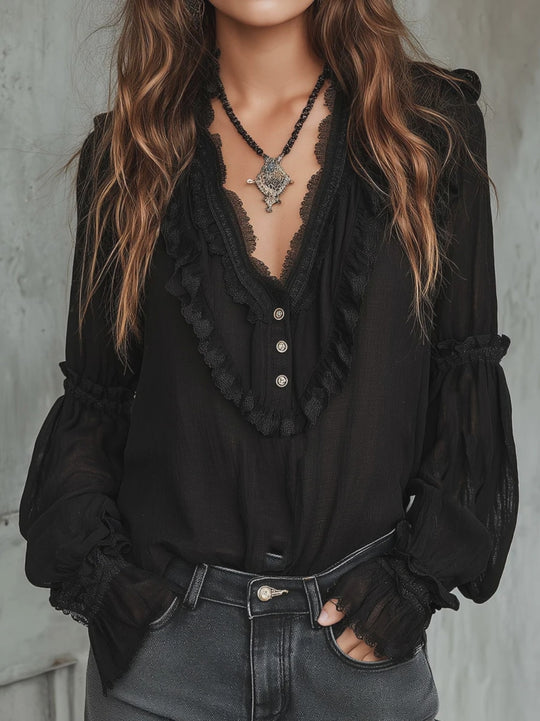 Vintage Black Ruffle Long Sleeve Blouse With Lace Trim