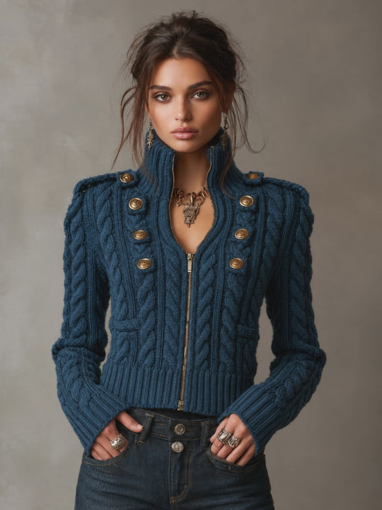 Vintage Military Style Cable Knit Zip-Up Cardigan with Button Detail