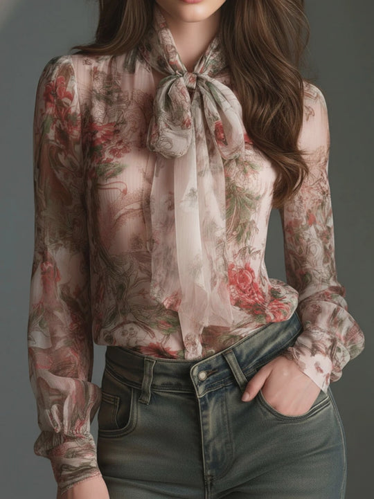 Retro Romantic Floral Chiffon Bow-Tie Blouse