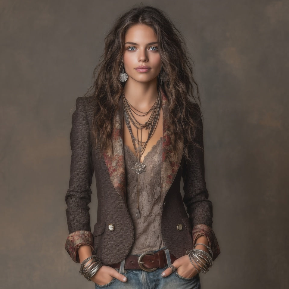 Vintage Herringbone with Floral Print Lapel Blazer