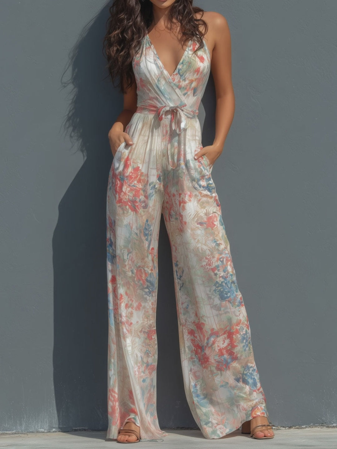 Boho Resort Floral Satin Halter Wrap Front Wide-Leg Jumpsuit