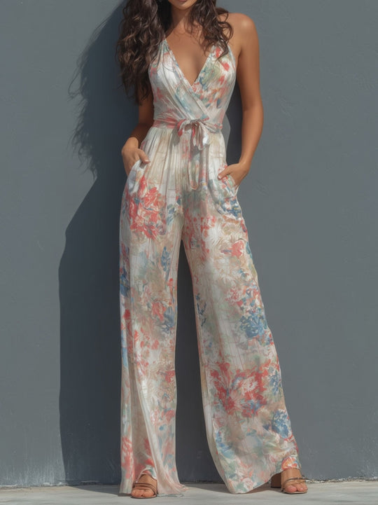 Boho Resort Floral Satin Halter Wrap Front Wide-Leg Jumpsuit