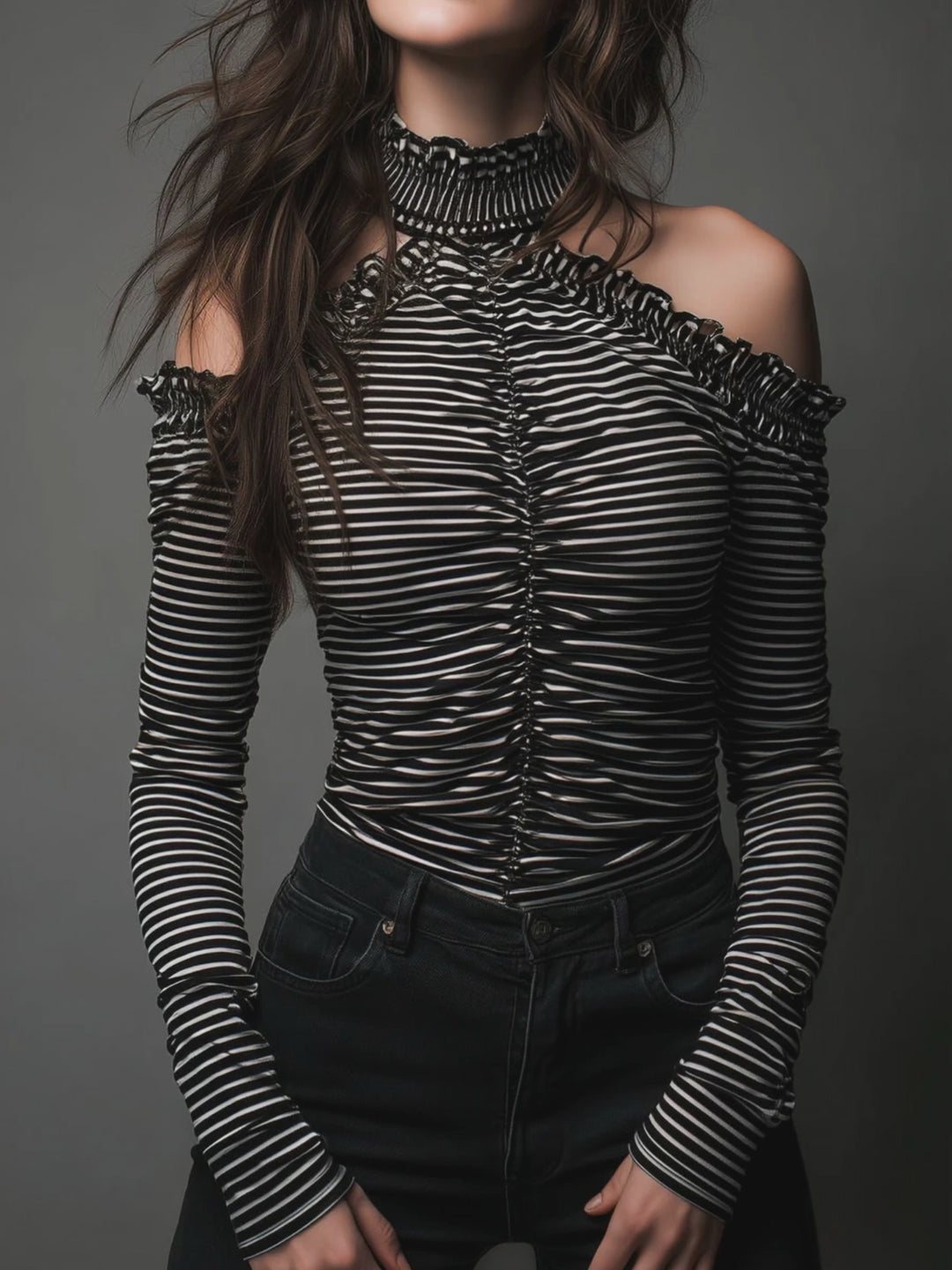 Classic High Neck Striped Cold-Shoulder Ruched Top
