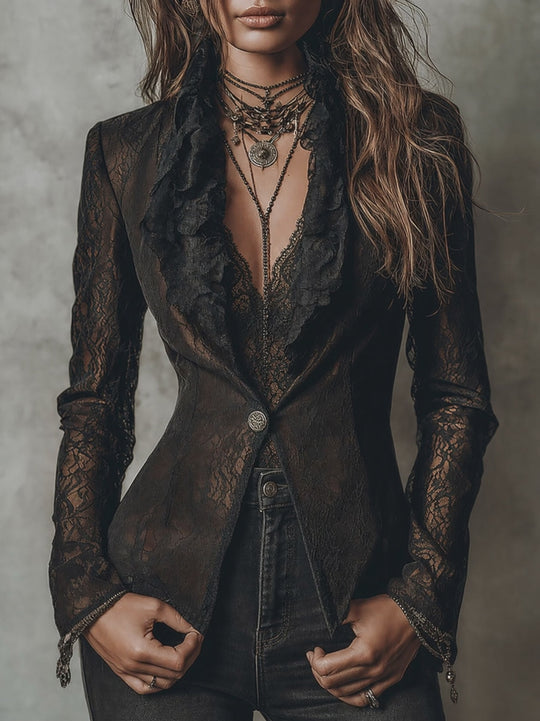 Elegant Single-button Slim-fit Blazer With Lace Ruffle Trim