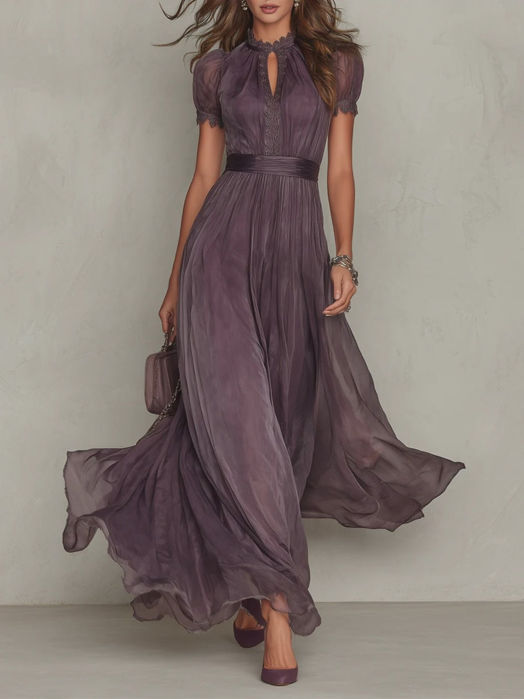Retro Keyhole Collar Chiffon Maxi Dress With Lace