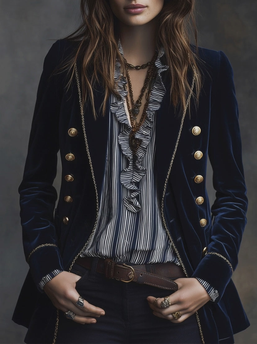 Exquisite And Elegant Navy Blue Velvet Double-Breasted Blazer