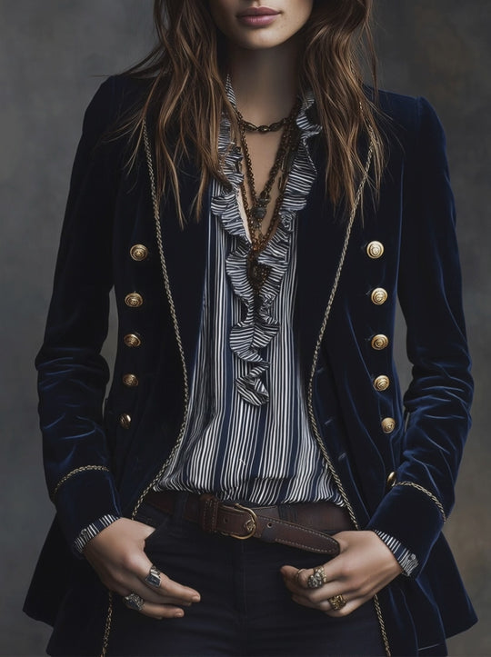Exquisite And Elegant Navy Blue Velvet Double-Breasted Blazer