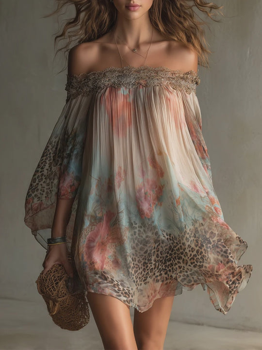 Bohemian Holiday Chiffon One-shoulder Lace Patchwork Leopard Print Mini Dress