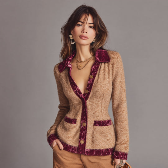 Vintage Fuzzy Knit Cardigan with Velvet Trim Contrast Collar