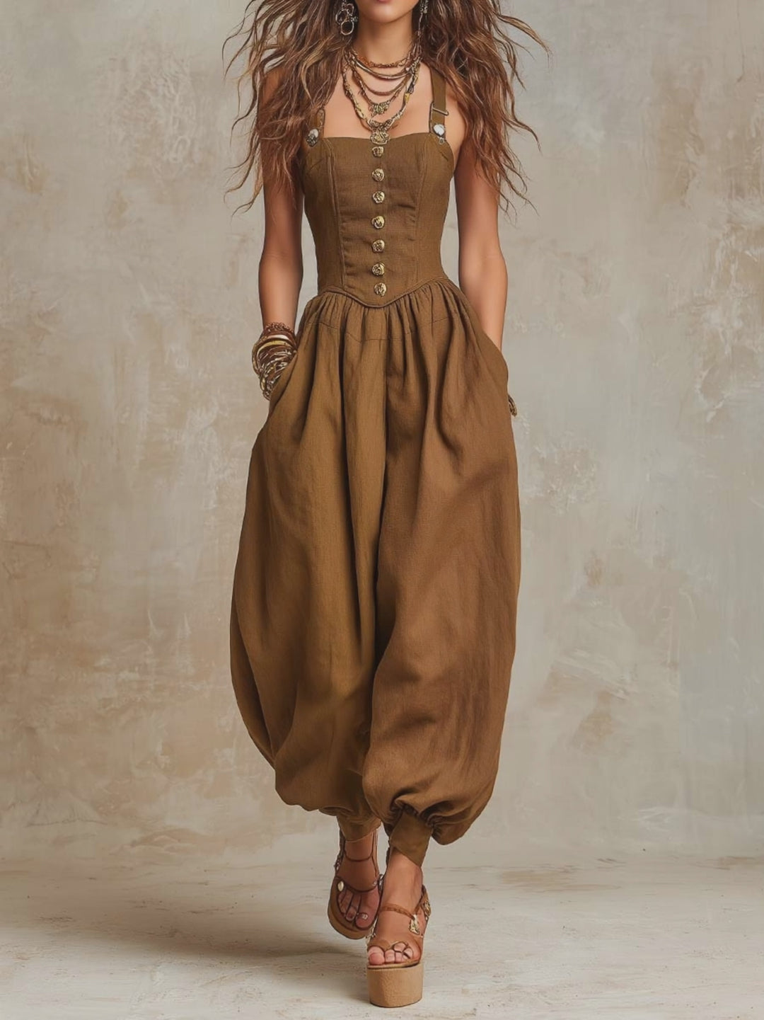 Bohemian  Cotton-Linen Corset Balloon-Leg Jumpsuit