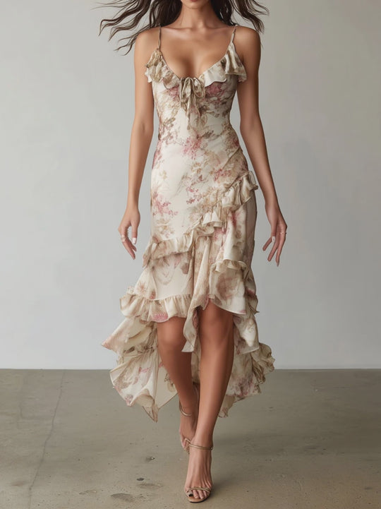 Elegant Floral Ruffled High Low Hem Satin Slip Dress