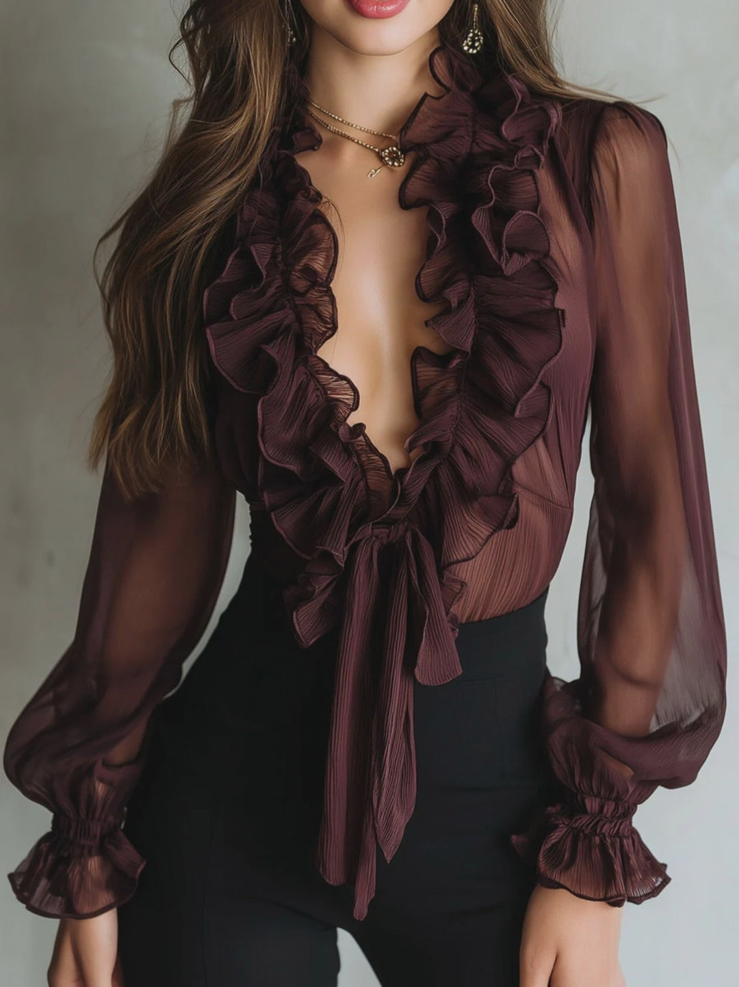 Retro Plum Sheer Ruffled Tie-Front Chiffon Blouse