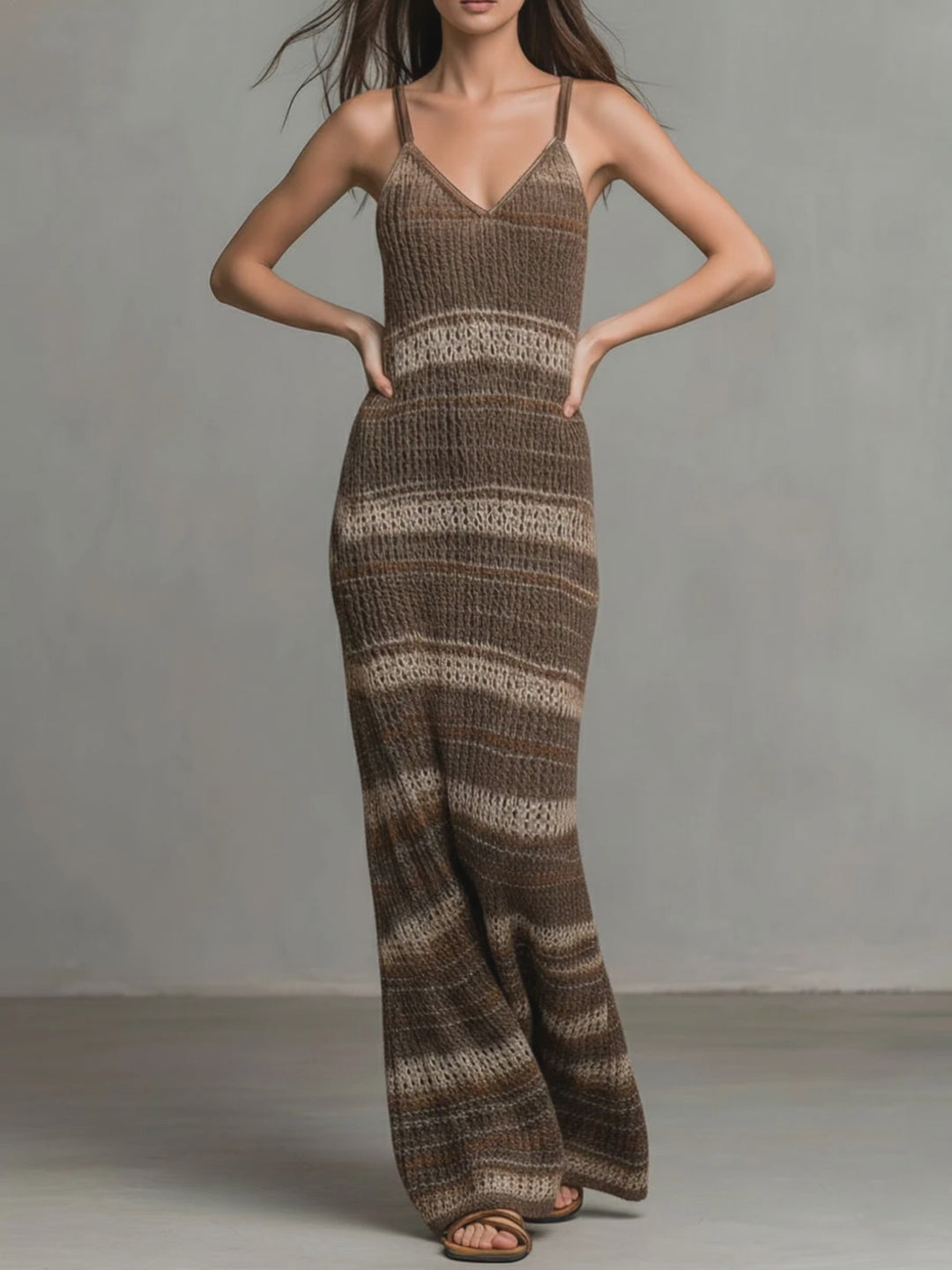 Relaxed Fit Earth Tone Striped Knit Maxi Dress