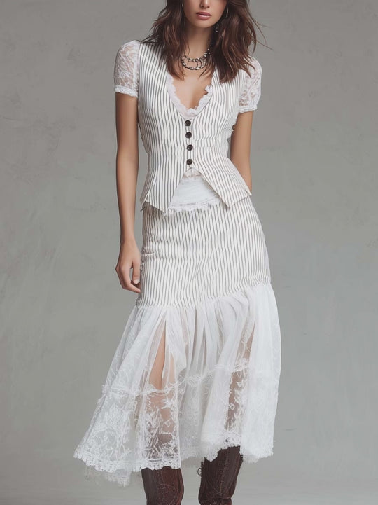 Classic Pinstripe Lace-Panel Vest & Midi Skirt Set