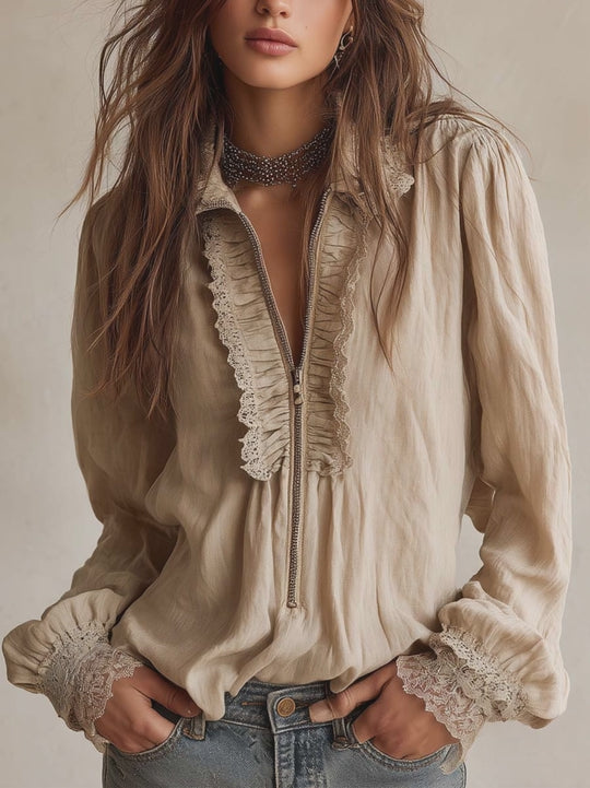 Victorian Ruffle Lace Zip Blouse