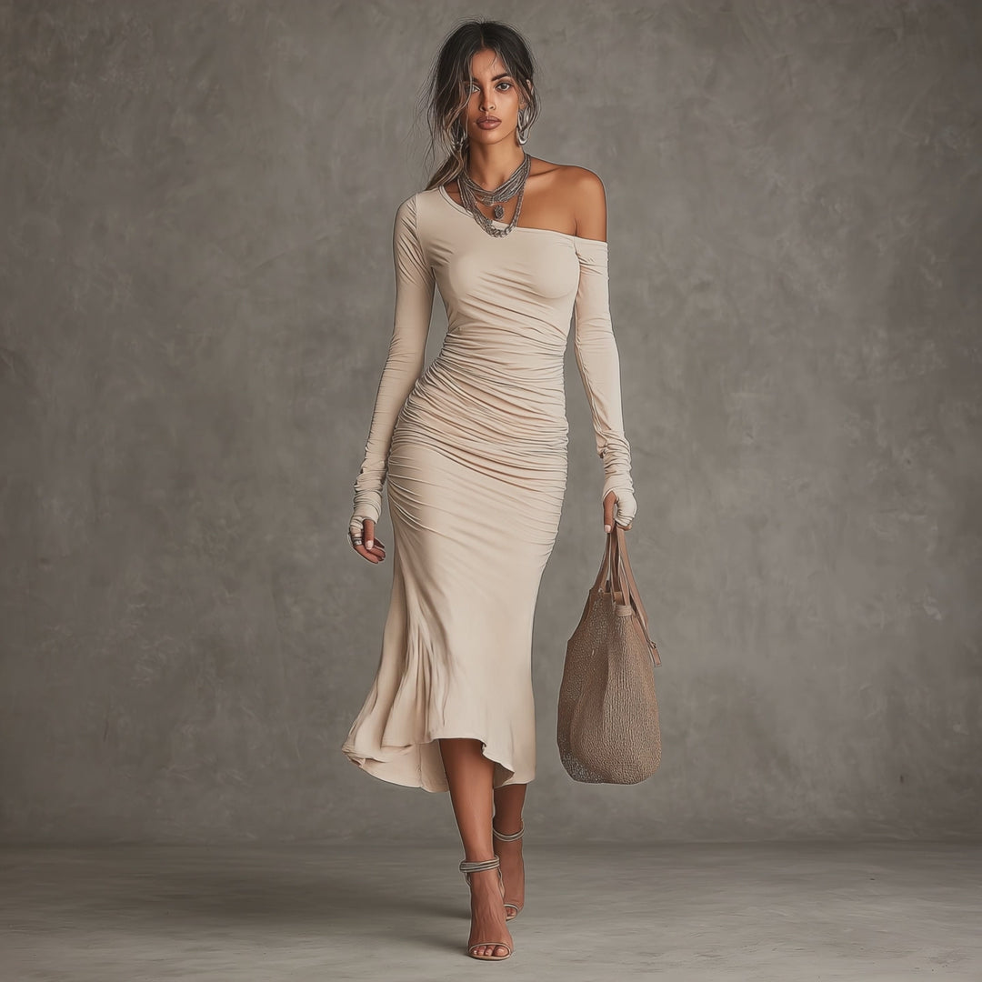 Elegant Stretch knit Ruched Off-Shoulder Long Sleeve Midi Dress