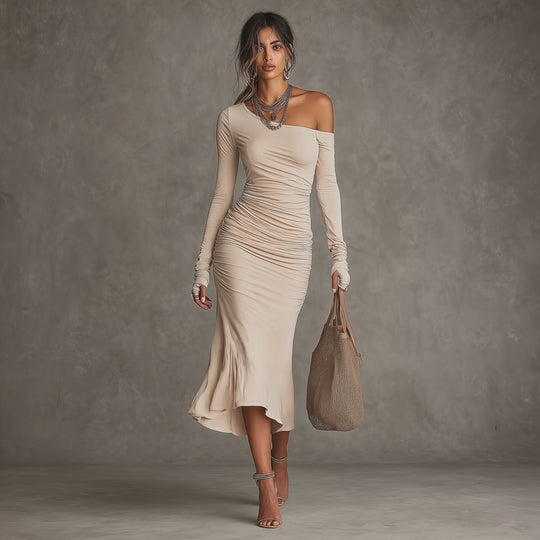 Elegant Stretch knit Ruched Off-Shoulder Long Sleeve Midi Dress