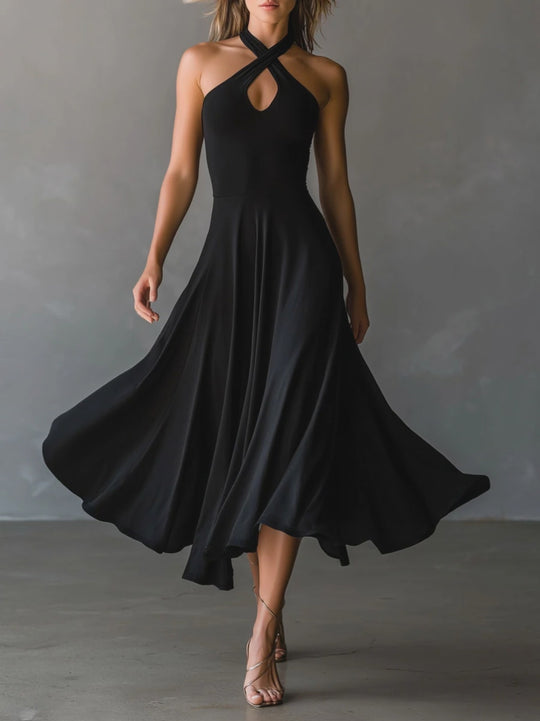 Retro Elegant Black Keyhole Halter Neck A-Line Midi Dress