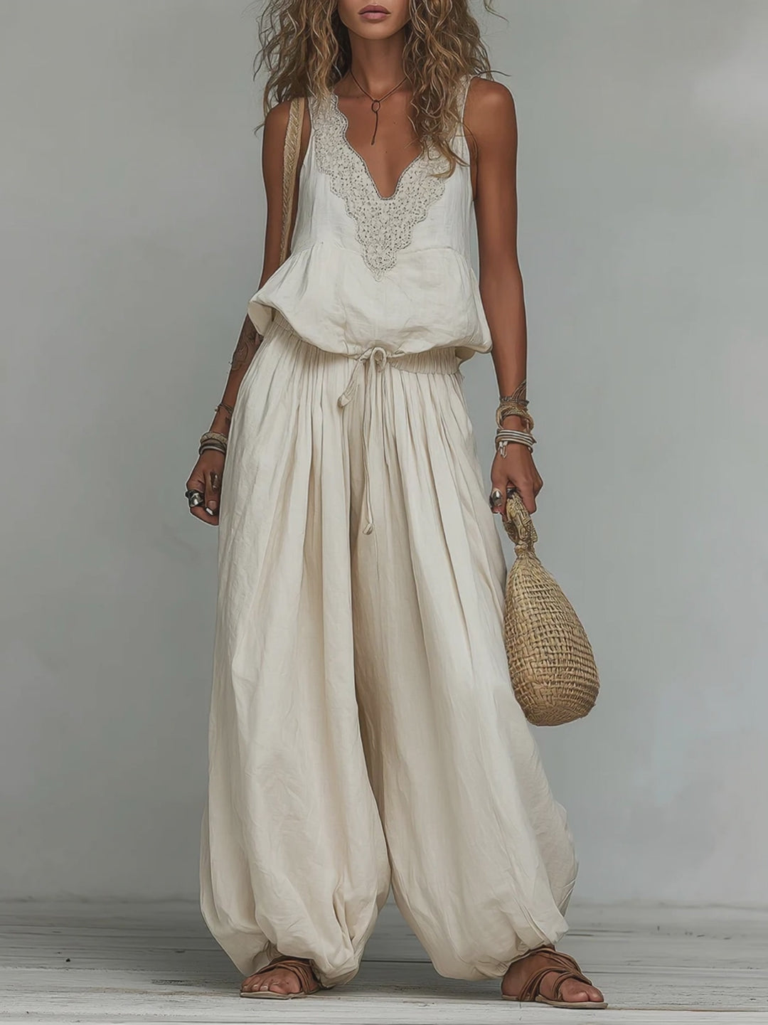 Boho Embroidered Vest & Balloon Pants Set