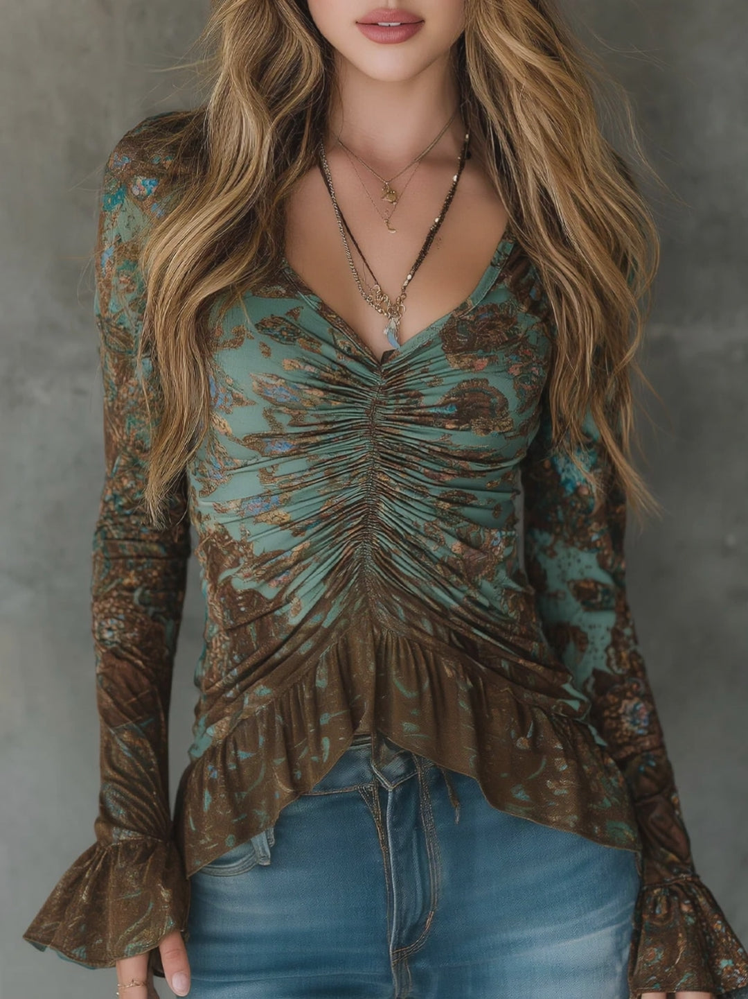 Boho Sage And Bronze Floral Ruched Ruffle Hem Blouse