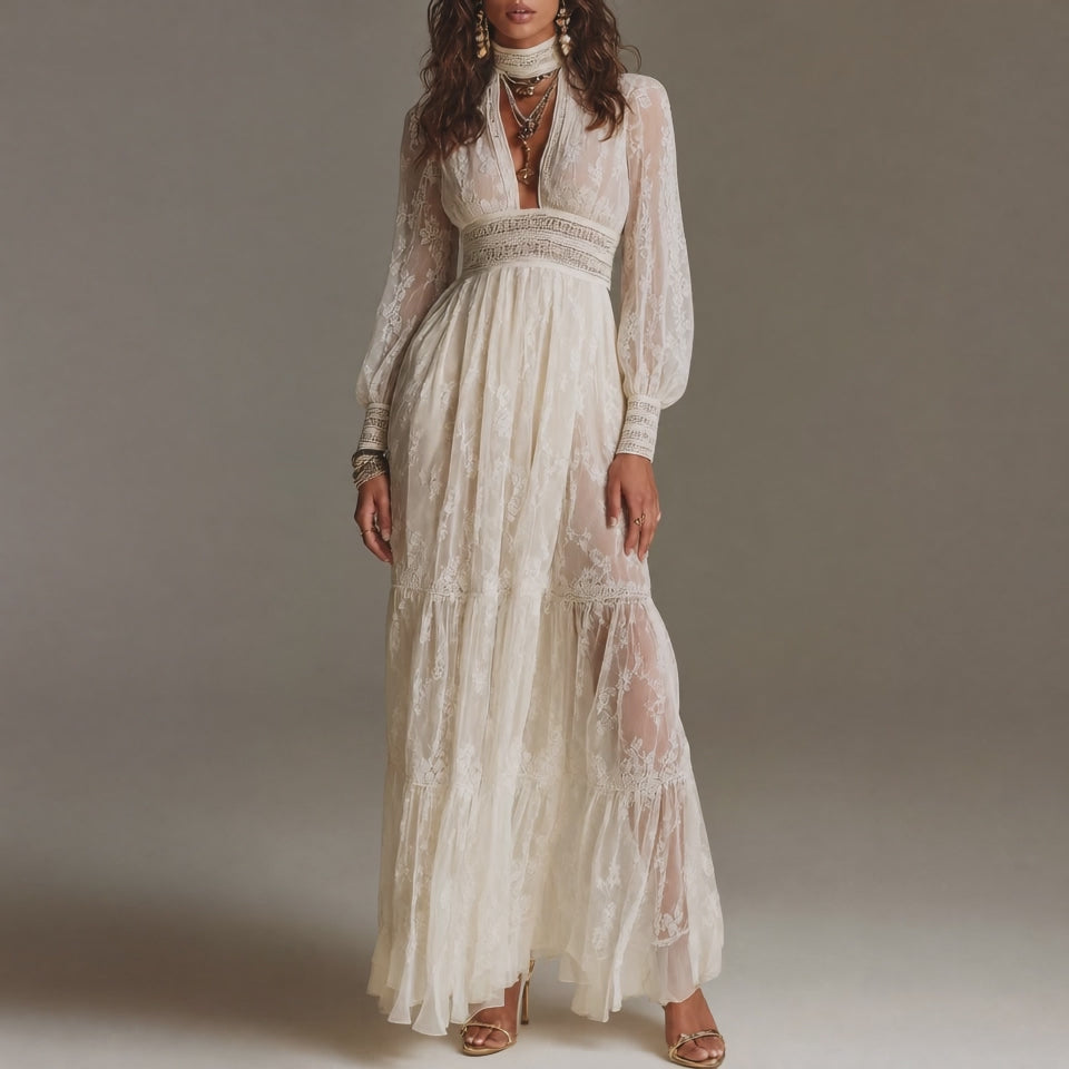 Boho High Neck Keyhole Cutout Smocked Waist Tiered Ruffle Lace Maxi Dress