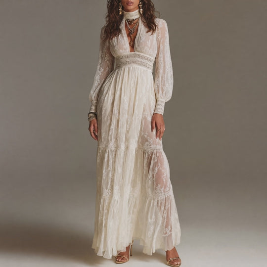 Boho High Neck Keyhole Cutout Smocked Waist Tiered Ruffle Lace Maxi Dress