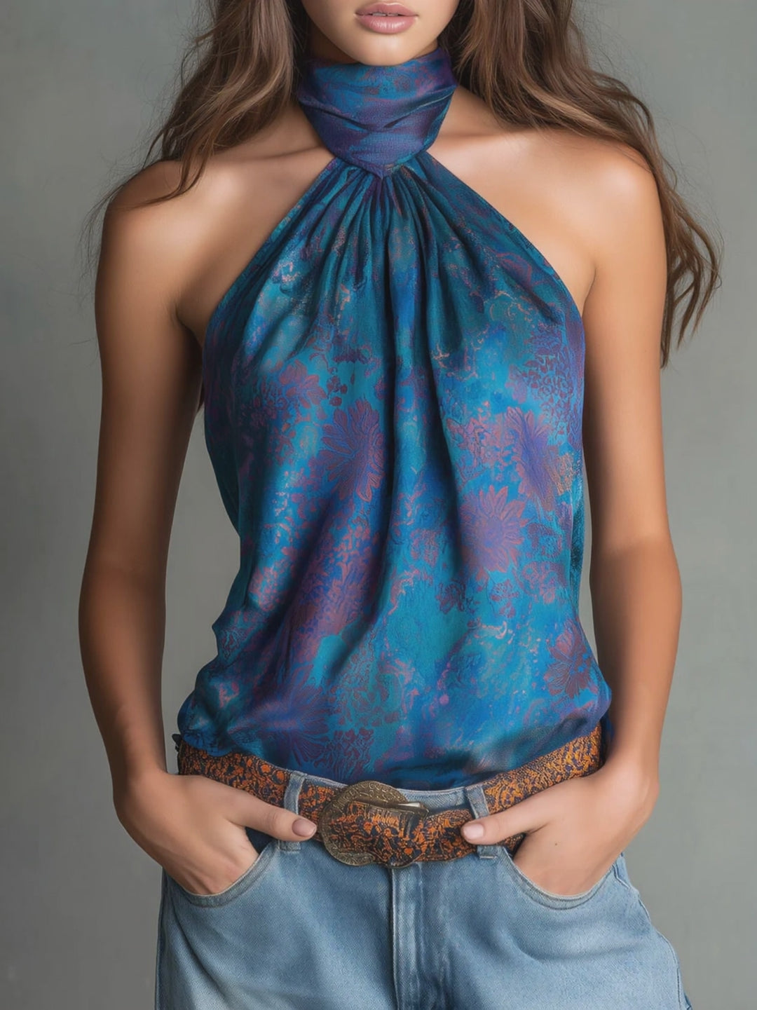 Retro High-Neck Floral Print Teal Satin Halter Scarf  Blouse