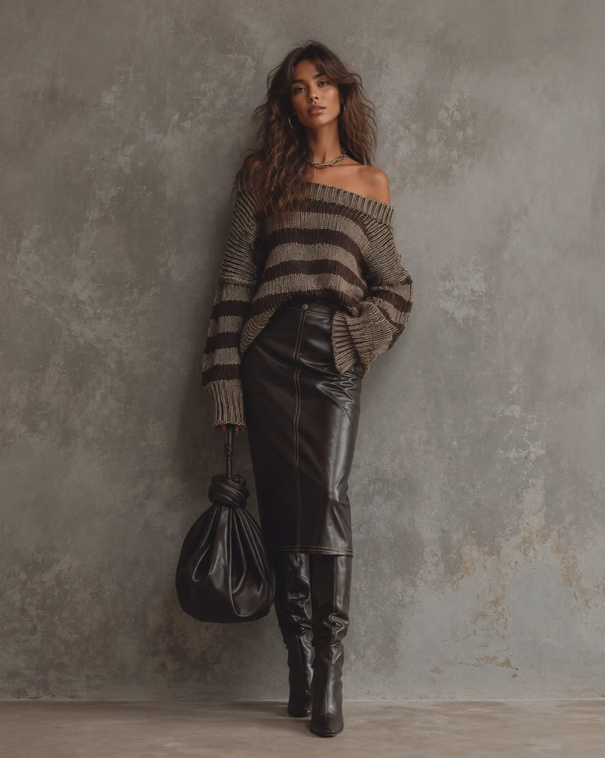 Retro color-blocking Off-Shoulder Striped Chunky Knit Sweater