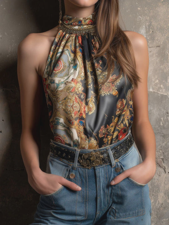 Boho High-Neck Baroque Print Satin Halter Scarf Top