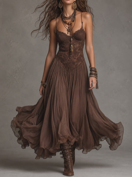 Dark Brown Lace And Chiffon Corset Maxi Dress