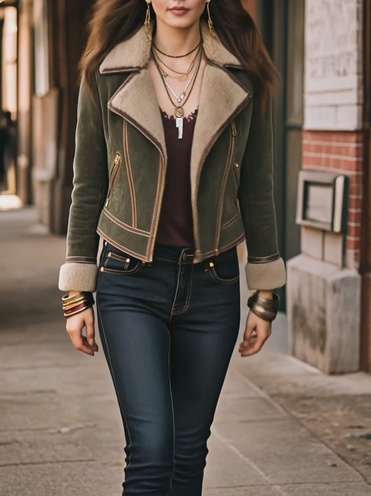 Vintage Faux Suede Moto Jacket With Faux Shearling Lapel