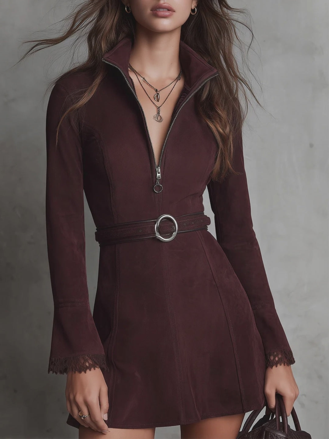 Retro Front Zipper Lace Splicing Suede Mini Dress With Belt