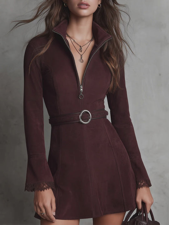 Retro Front Zipper Lace Splicing Suede Mini Dress With Belt