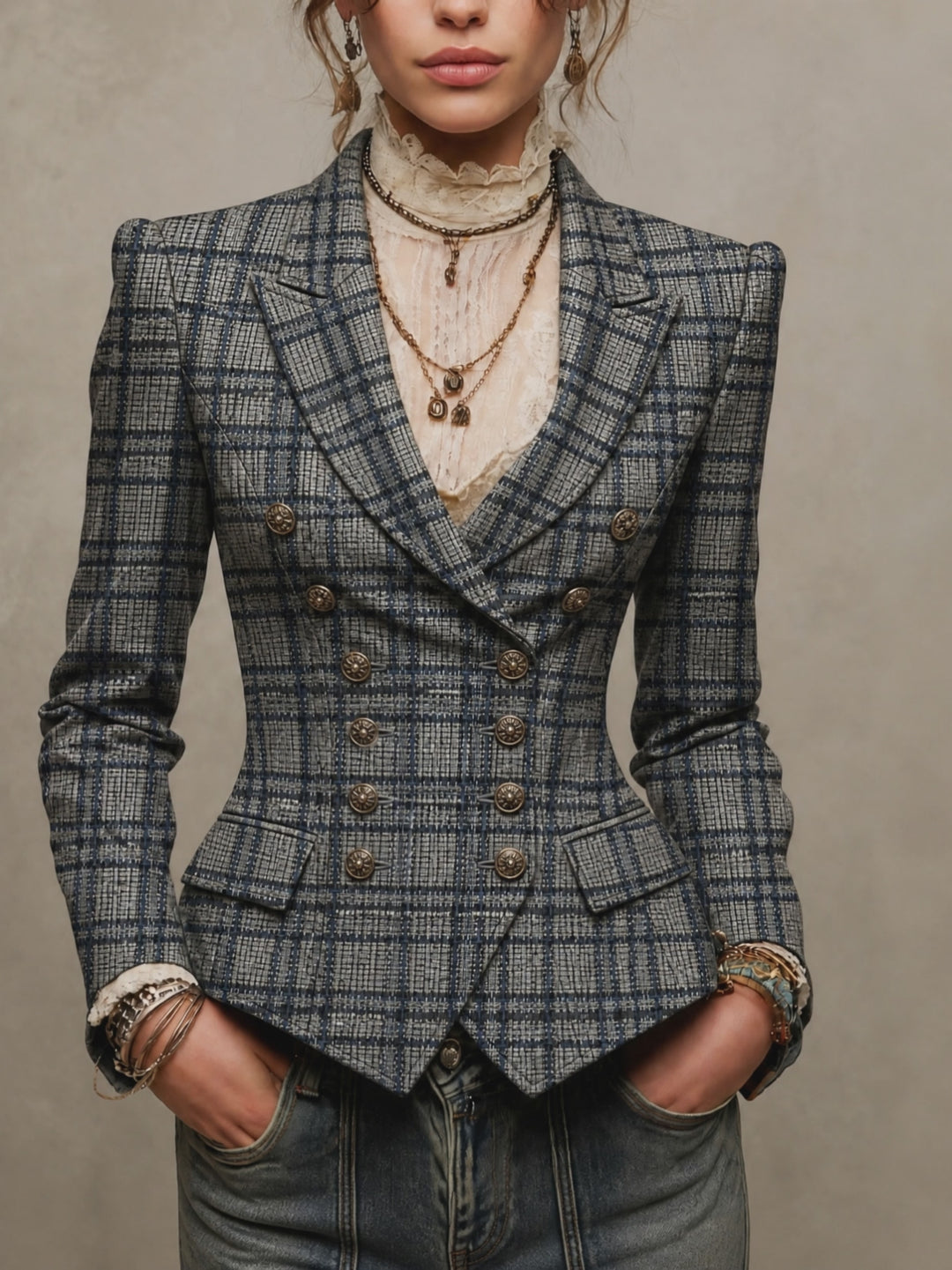 Vintage Tweed Plaid Double-Breasted Tailored Blazer