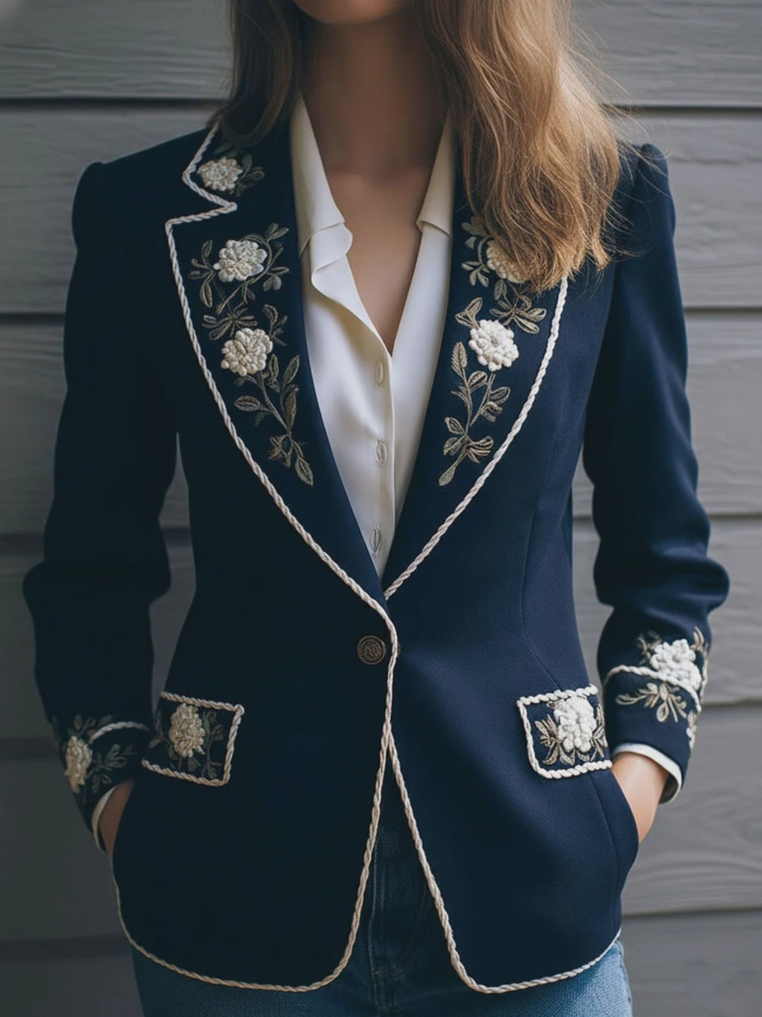 Navy Blue Woolen Blend Floral Embroidered Blazer