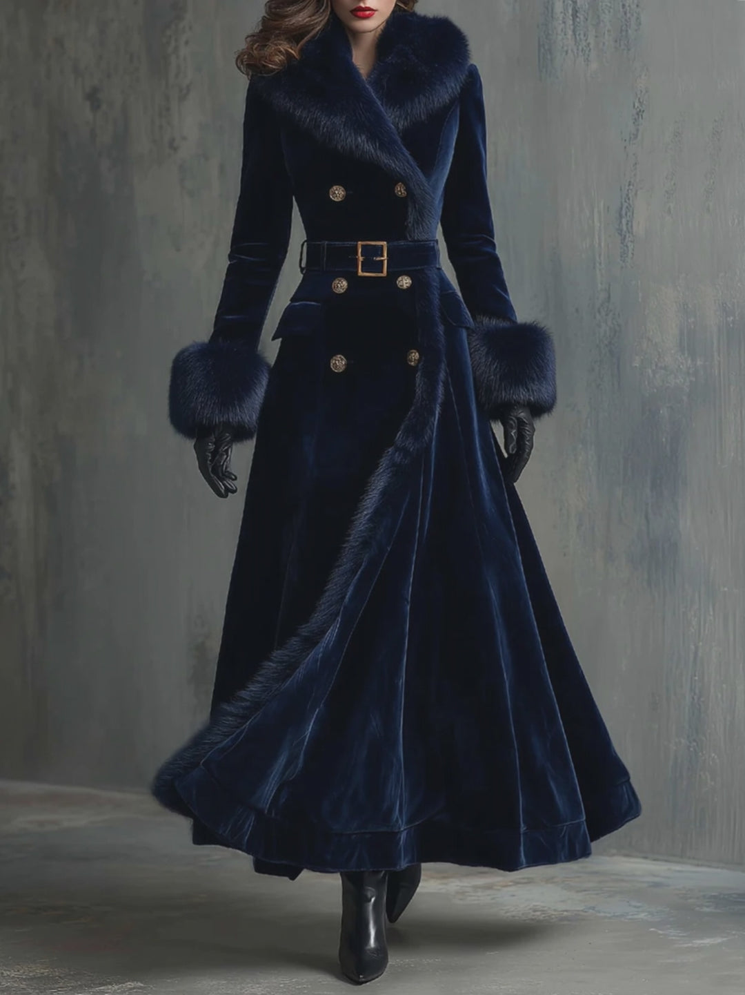 Elegant Mid-length Velvet Coat With Faux Fur Collar