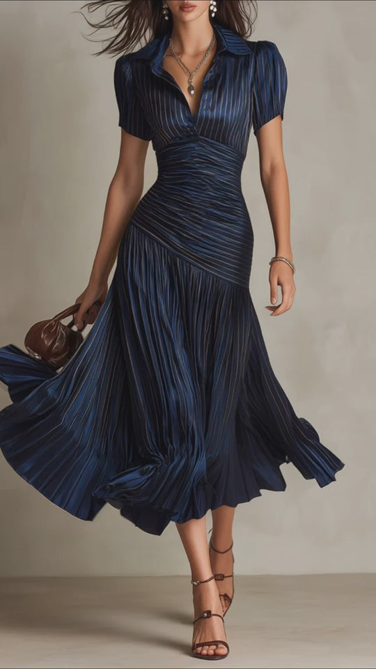 Retro Striped Satin Pleated Bodycon Midi Dress