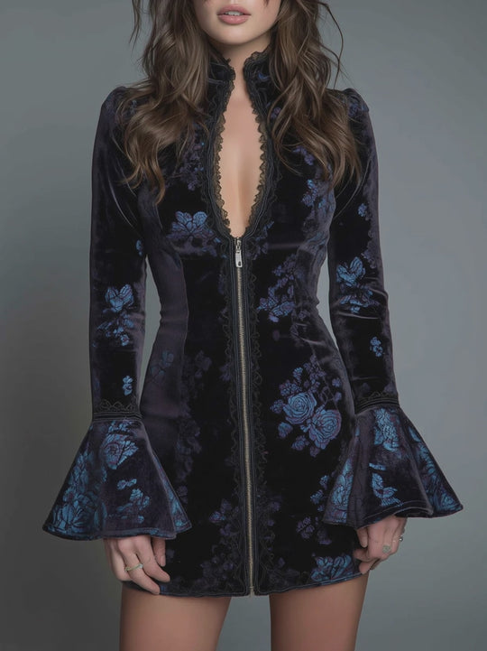 Vintage Floral Lace-trimmed Slim-fit Polyester Velvet Mini Dress