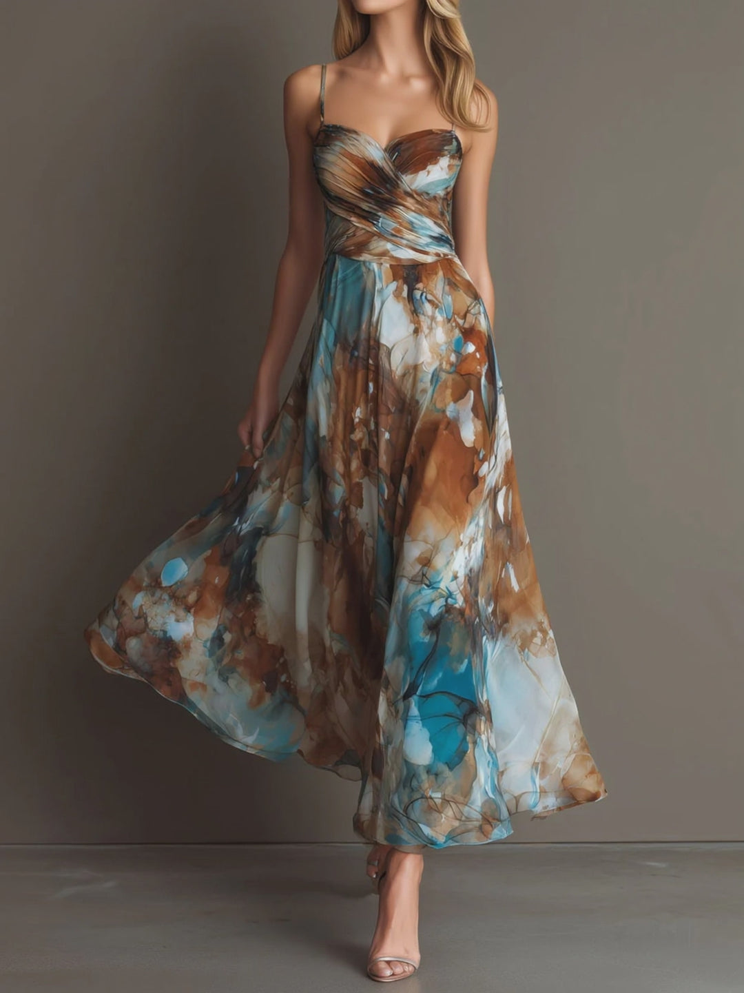 Boho Watercolor Print Chiffon Spaghetti Strap Maxi Dress