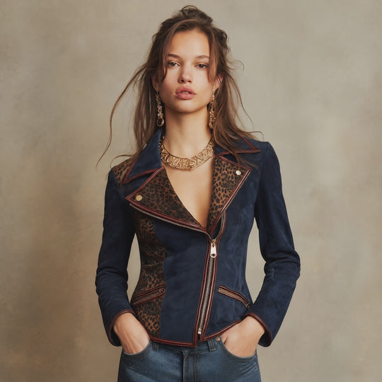 Vintage Suede Leopard-Print Panel Moto Jacket with Leather Trim