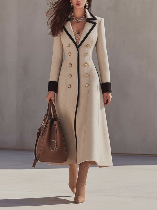 Elegant Double-Breasted Long Coat With Contrast Trim And Gold Buttons