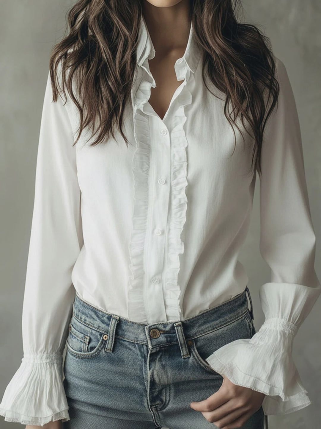 Elegant Ruffled Button-Down Long Sleeve Shirt With Flared Cuffs