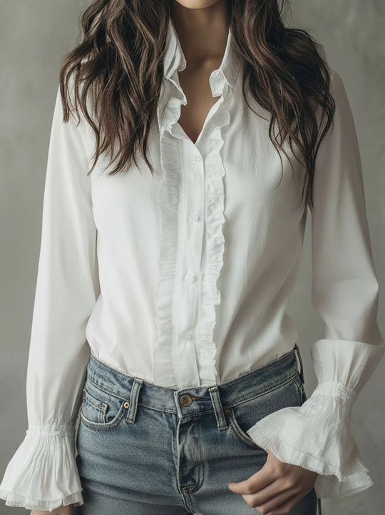 Elegant Ruffled Button-Down Long Sleeve Shirt With Flared Cuffs