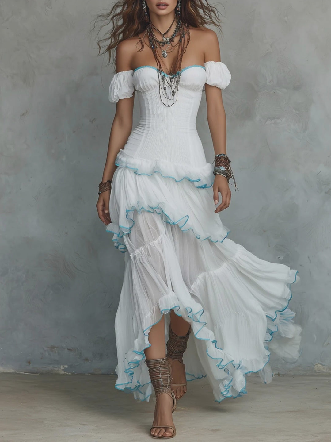 Bohemian Off-the-shoulder Chiffon Multi-layered Ruffle Maxi Dress