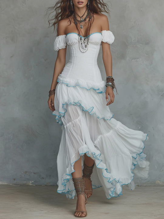 Bohemian Off-the-shoulder Chiffon Multi-layered Ruffle Maxi Dress