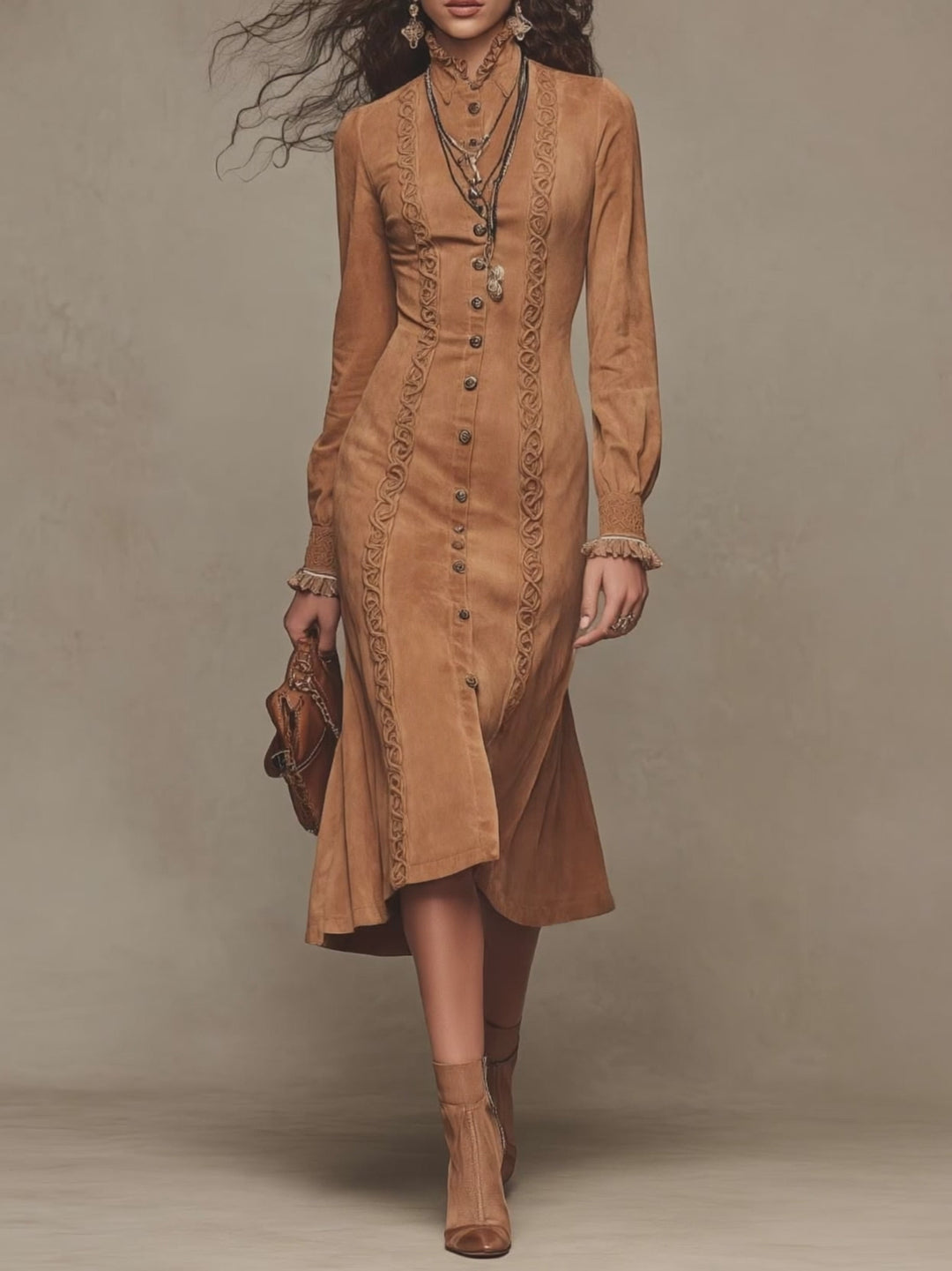 Vintage Stand Collar Webbing Trim Button Front Braid Trim Long Sleeve Fishtail Hem Midi Dress