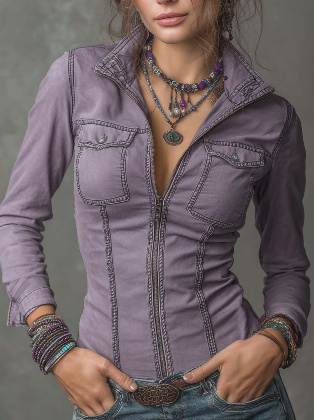 Vintage Washed Distressed Pocket Zipper Denim Blouse