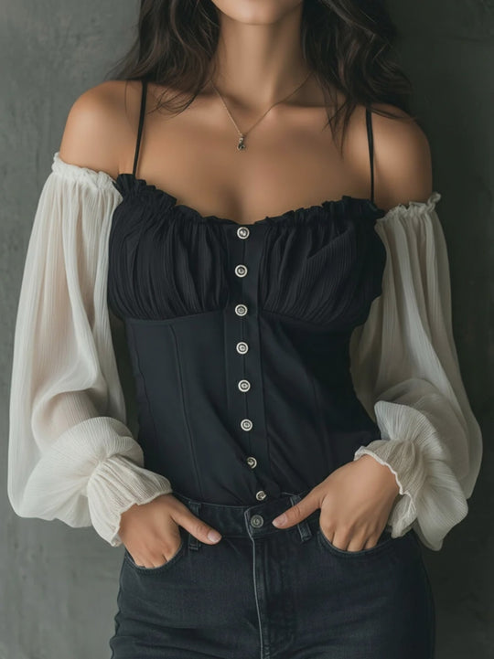 Retro Black Corset Blouse With Contrast Chiffon Sleeves